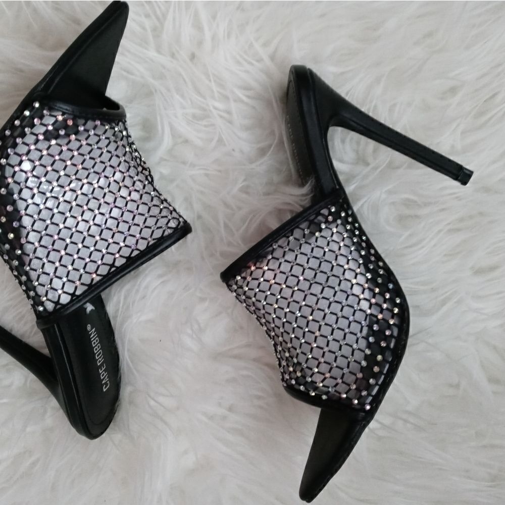 Black fishnet rhinestone bling mule slide heels